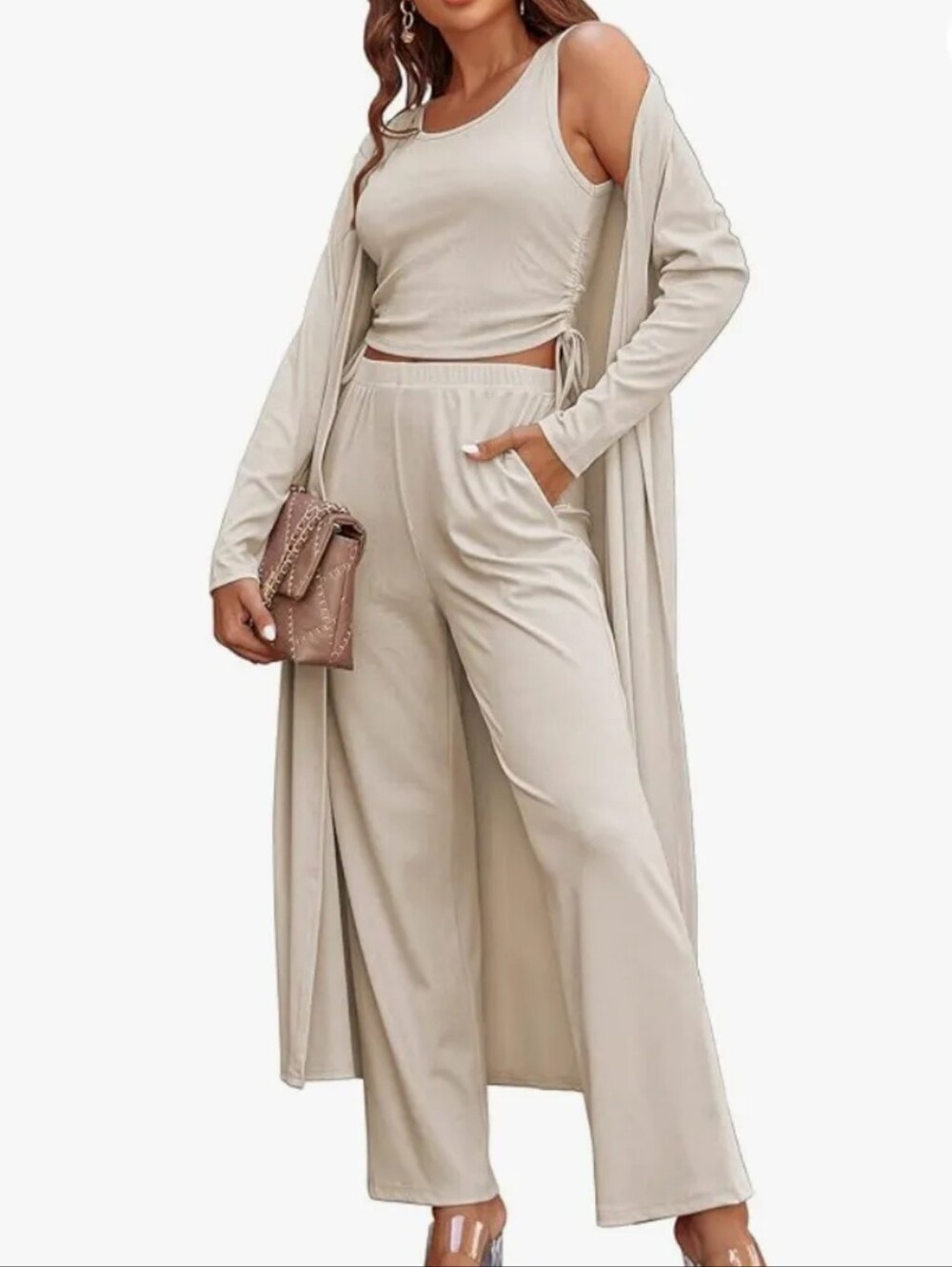 Women's Blush pink 3-Piece Lounge Robe Set - Cozy Layered Sleepwear Trending